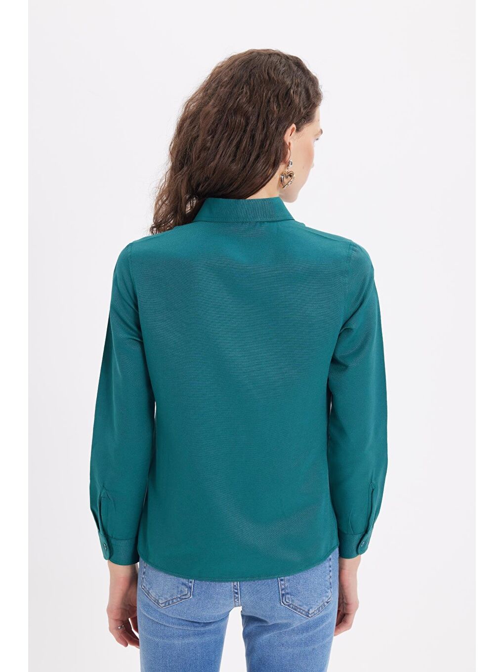 Kadın Slim Fit Dar Kesim Uzun Kollu Pamuklu Vücuda Oturan Dokulu Yeşil Basic Gömlek-6