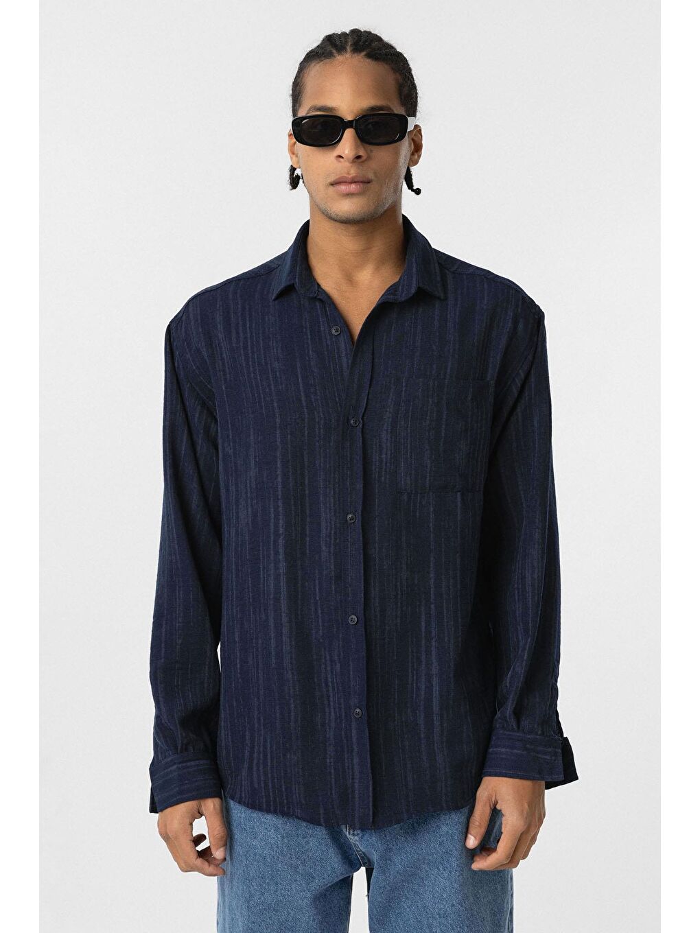 Oversize Keten Görünümlü Uzun Kollu Gömlek Lacivert-2