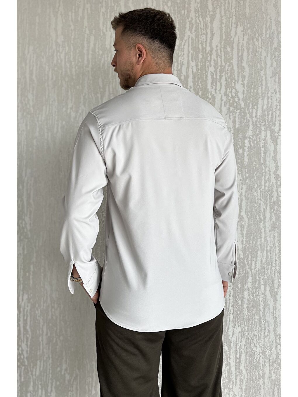 Bej Erkek Uzun Kol Elastanlı Oversize Gömlek-2