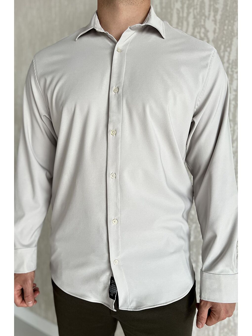 Bej Erkek Uzun Kol Elastanlı Oversize Gömlek-3