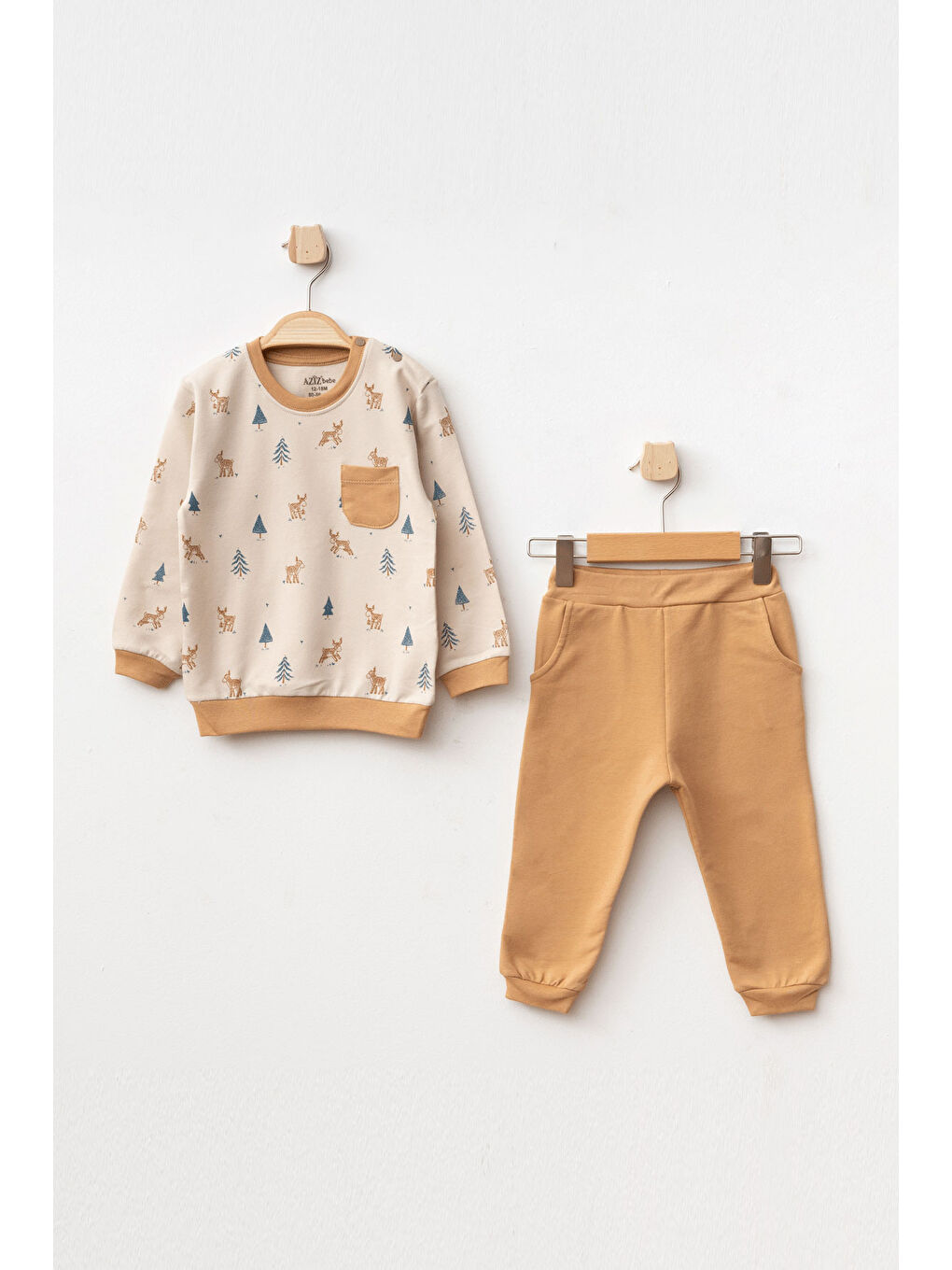 Kahverengi Erkek Bebek Geyik Desenli Sweatshirt Pantolon 2 'li Alt Üst Bebek Takımı 3 Ay - 36 Ay