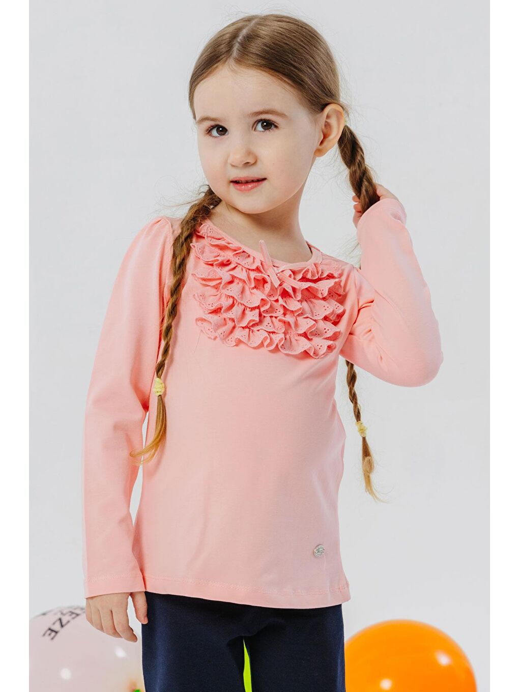 Pembe Kız Çocuk Uzun Kollu Tişört Güpürlü Fiyonklu Somon (3-6 Yaş)-3
