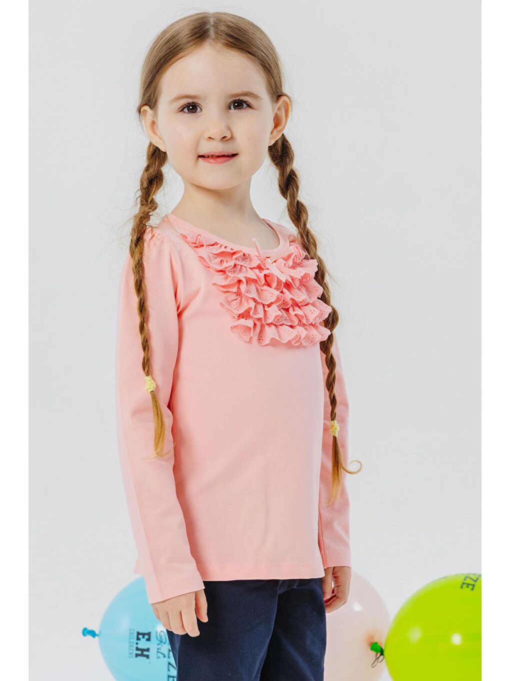 Pembe Kız Çocuk Uzun Kollu Tişört Güpürlü Fiyonklu Somon (3-6 Yaş)-4