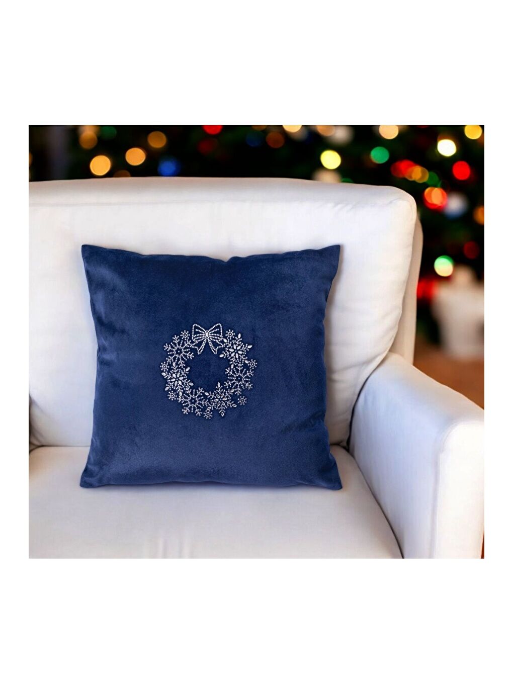 Beyaz Yılbaşı Kırlent Kılıfı Taş Baskılı Lacivert  Yeni Yıl Konseptli 43x43