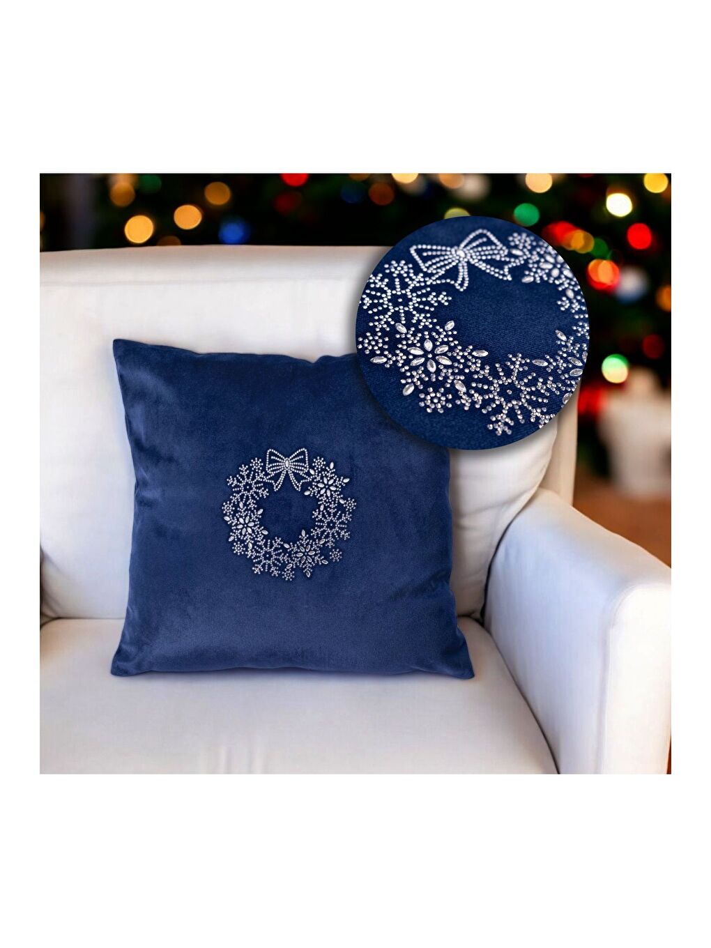 Beyaz Yılbaşı Kırlent Kılıfı Taş Baskılı Lacivert  Yeni Yıl Konseptli 43x43-1