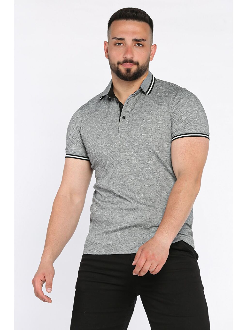 Siyah Yarım Düğmeli Polo Yaka Erkek Tişört-2