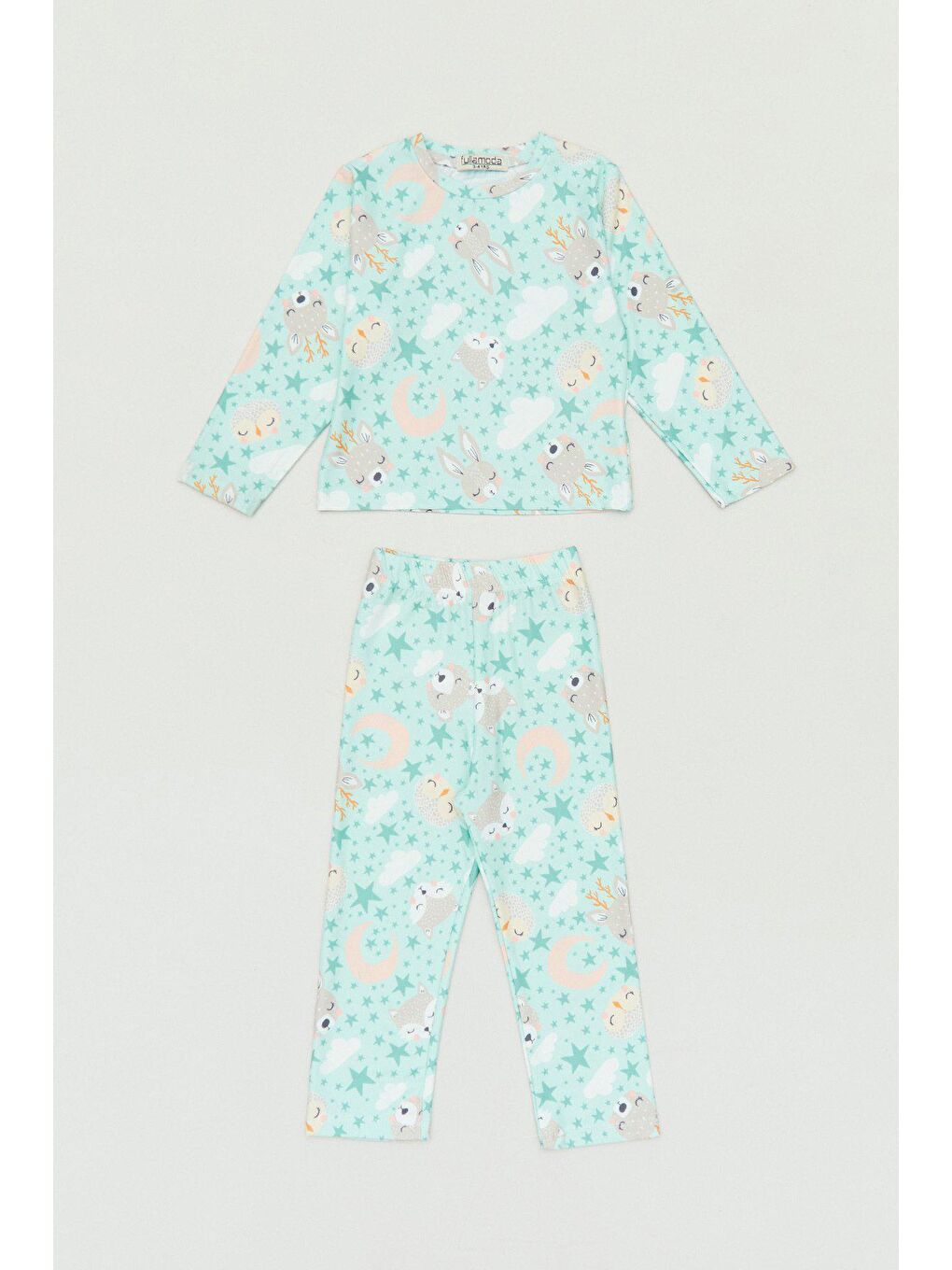 Turkuaz Baskılı Bisiklet Yaka Kız Çocuk Pijama Takımı