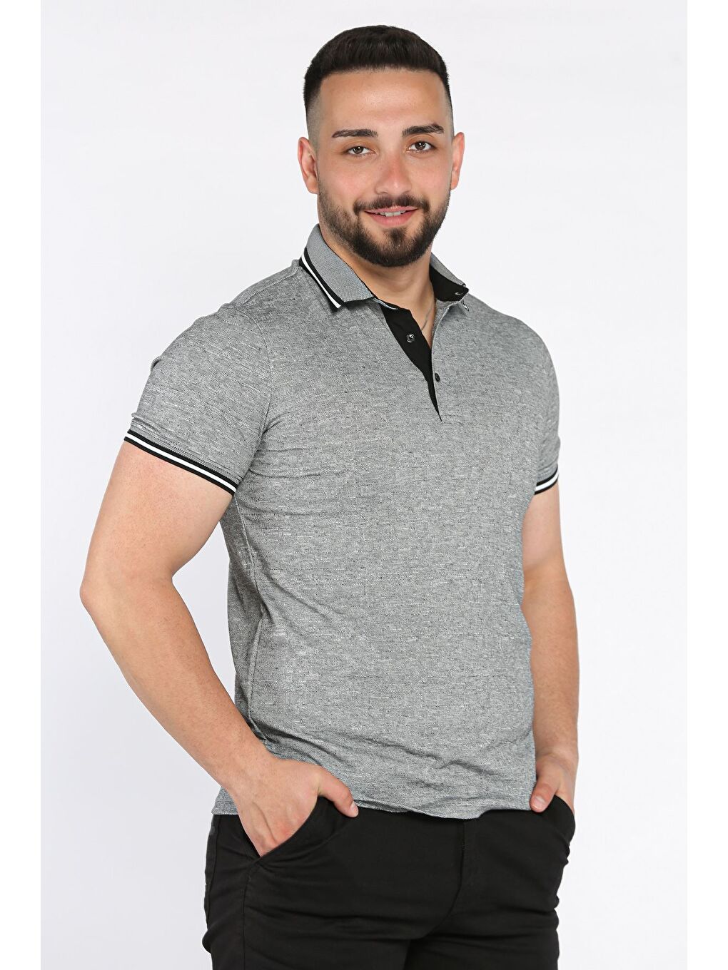 Siyah Yarım Düğmeli Polo Yaka Erkek Tişört-3