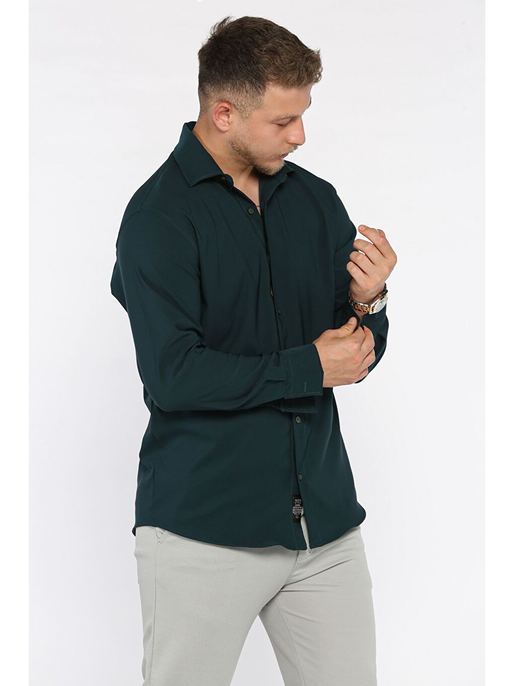 Yeşil Erkek Uzun Kol Elastanlı Oversize Gömlek-1