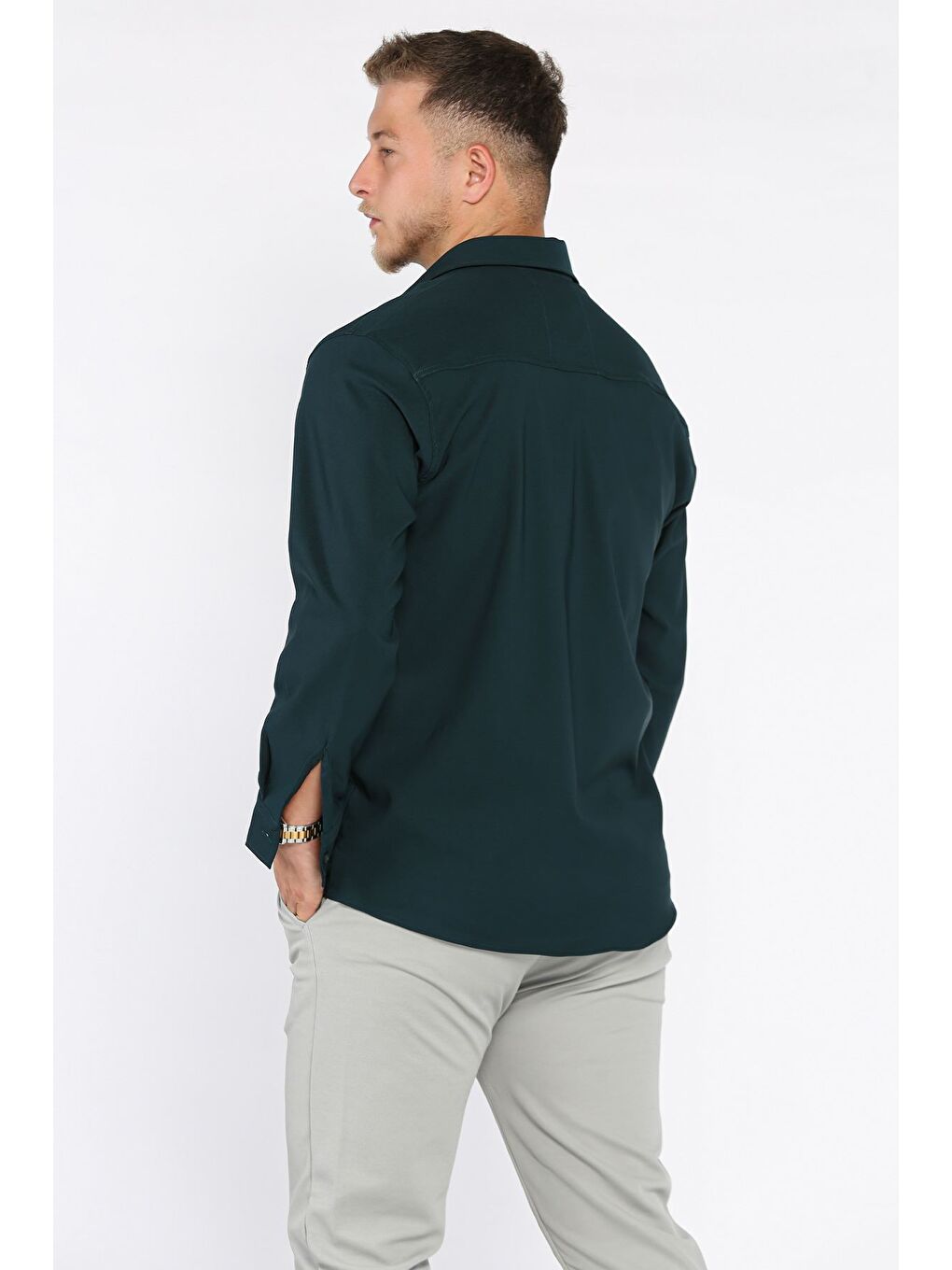 Yeşil Erkek Uzun Kol Elastanlı Oversize Gömlek-2