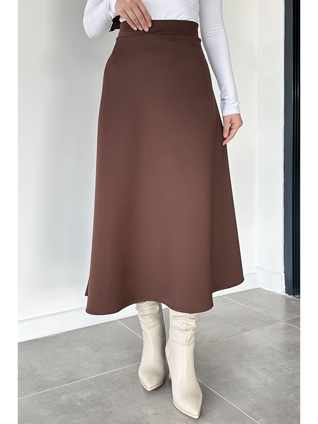 Kahverengi Bel Lastikli Scuba Tesettür Kiloş Etek-3