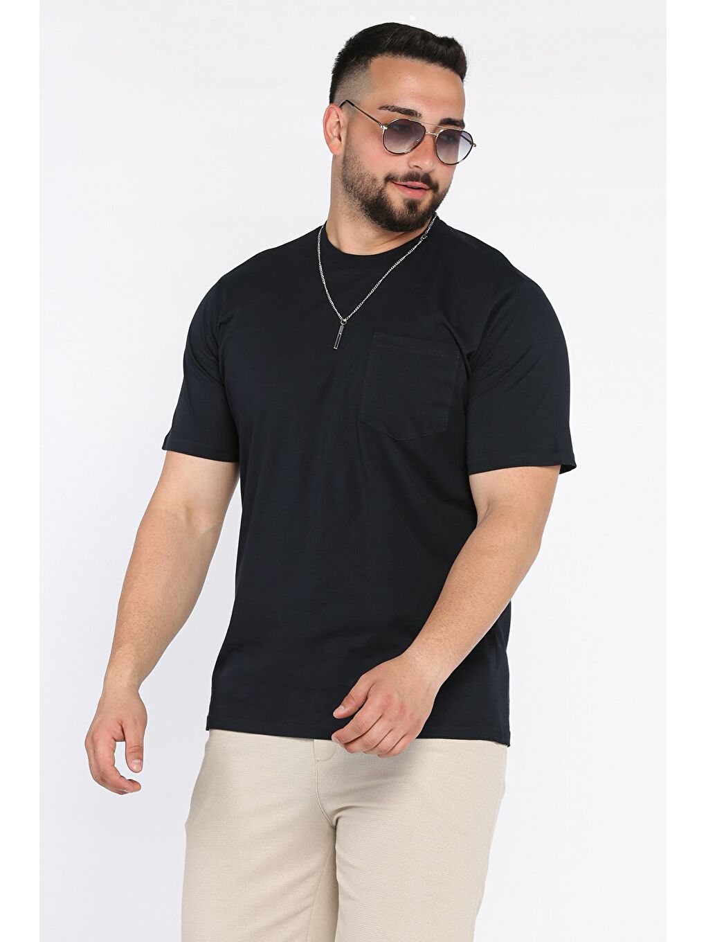 Lacivert Aksesuarlı Cepli Erkek Tişört-3