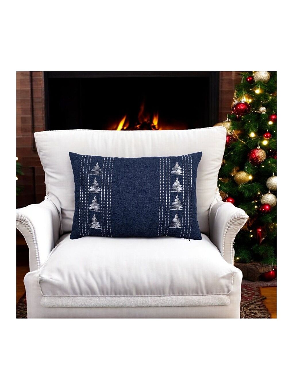 Mavi Yılbaşı Kırlent Kılıfı Nakışlı Lacivert   Yeni Yıl Konseptli  40x60