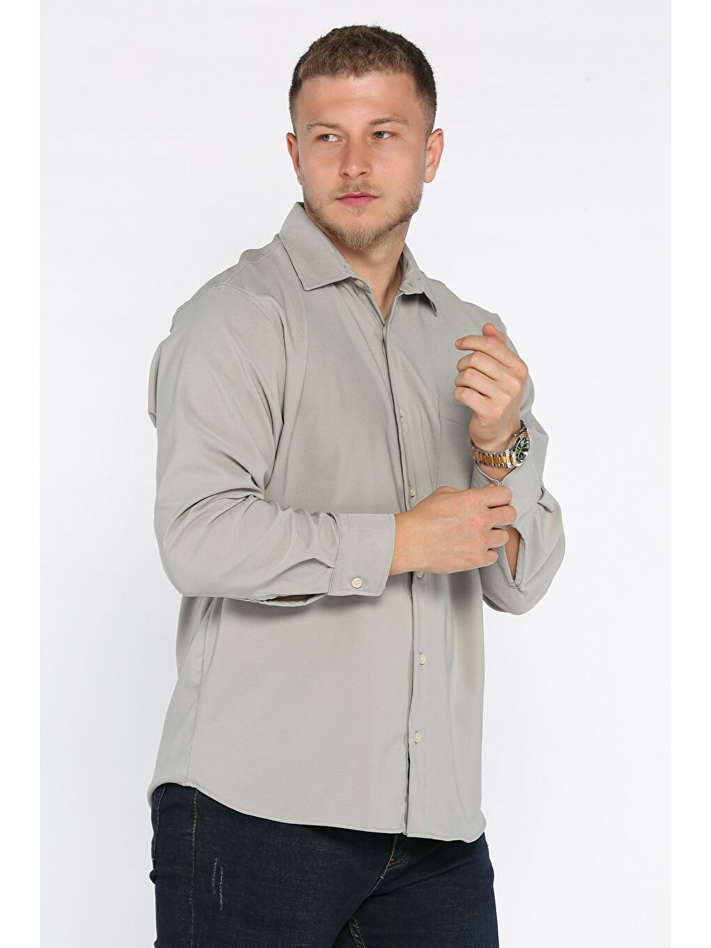 Gri Erkek Tek Cepli Uzun Kol Elastanlı Oversize Gömlek