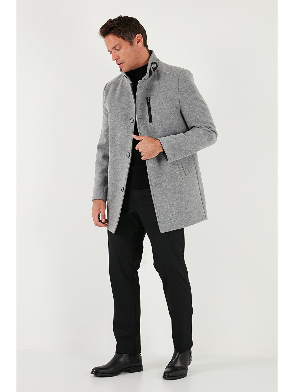 Gri Slim Fit Düğmeli Dik Yaka Kaşe Erkek Kaban 5840099-1