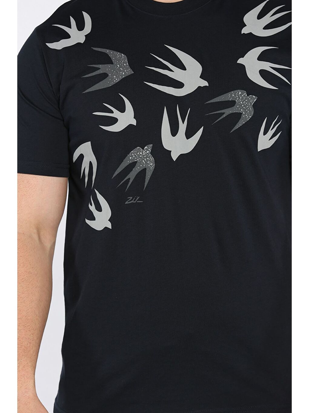 Lacivert Erkek Bisiklet Yaka Baskılı Tişört-1