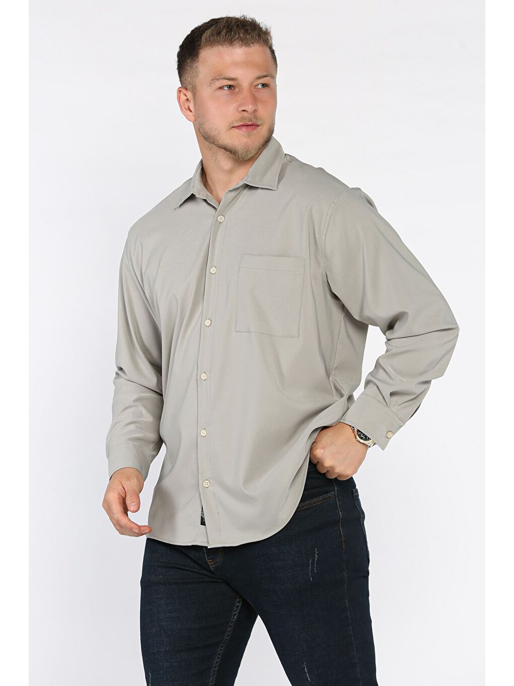 Gri Erkek Tek Cepli Uzun Kol Elastanlı Oversize Gömlek-1