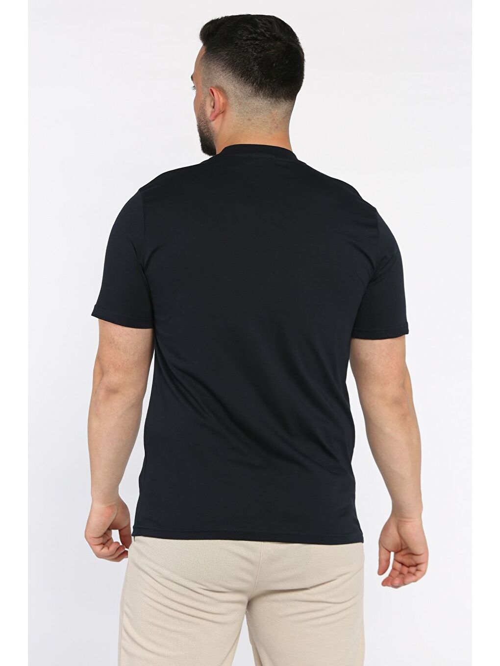 Lacivert Erkek Bisiklet Yaka Baskılı Tişört-2