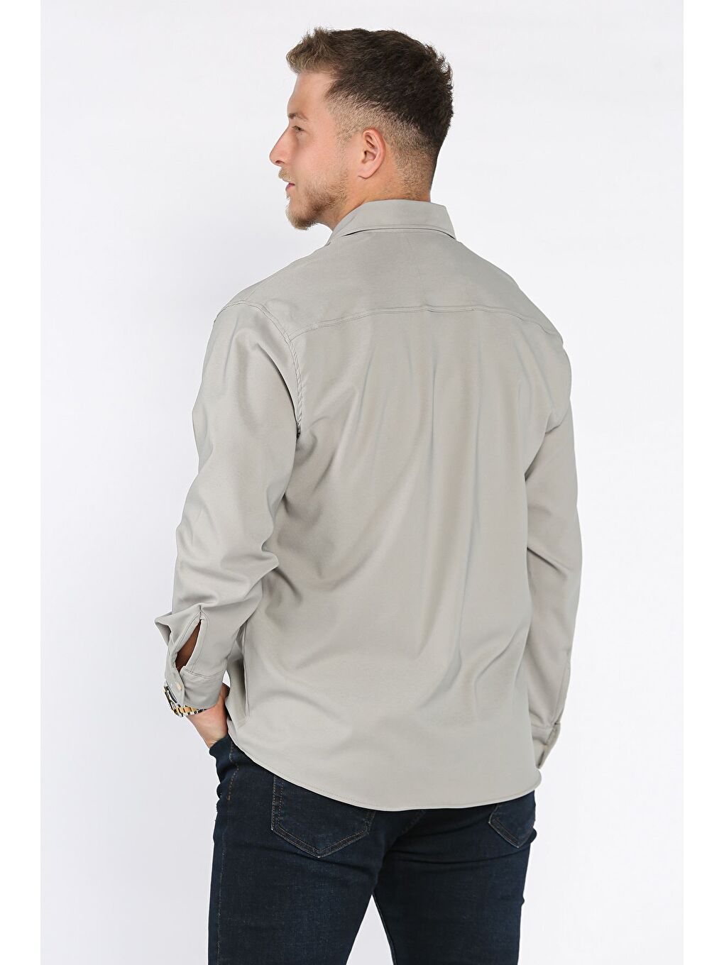 Gri Erkek Tek Cepli Uzun Kol Elastanlı Oversize Gömlek-2