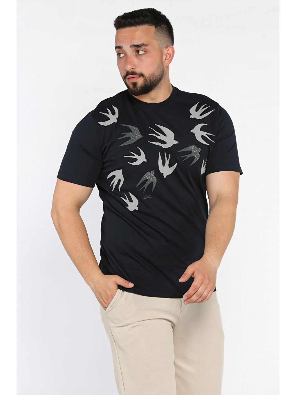 Lacivert Erkek Bisiklet Yaka Baskılı Tişört-3