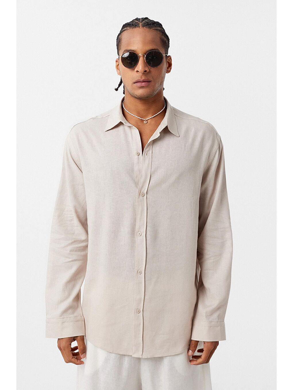 Basic Oversize Uzun Kollu Keten Gömlek Bej