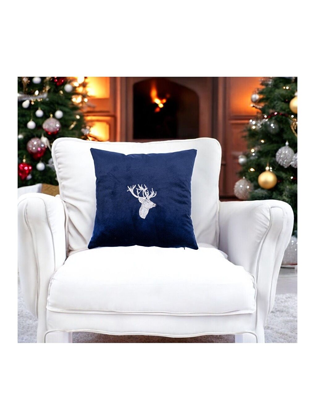 Yılbaşı Kırlent Kılıfı Geyik Nakışlı Lacivert  Yeni Yıl Konseptli 43x43-2
