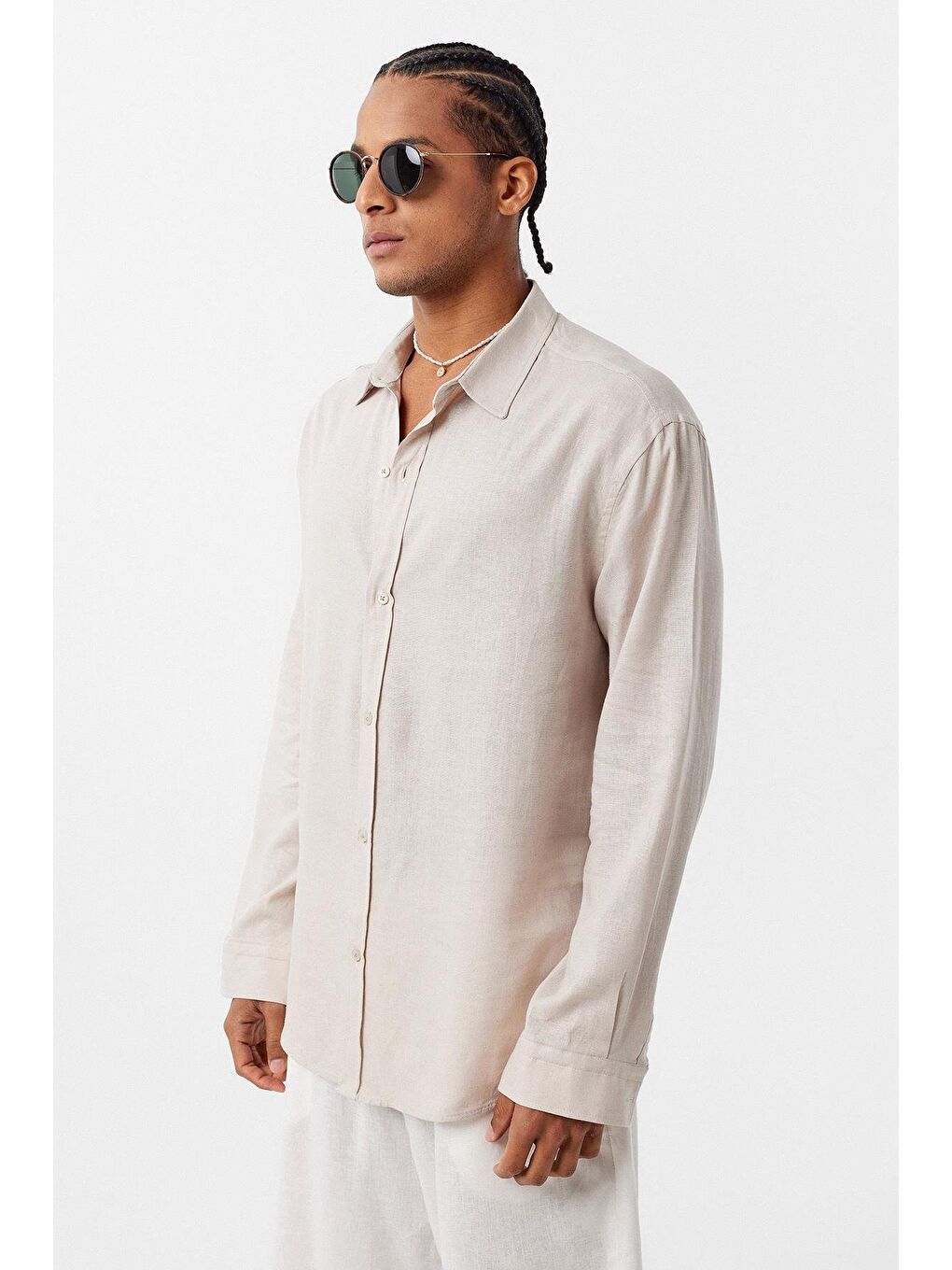 Basic Oversize Uzun Kollu Keten Gömlek Bej-1