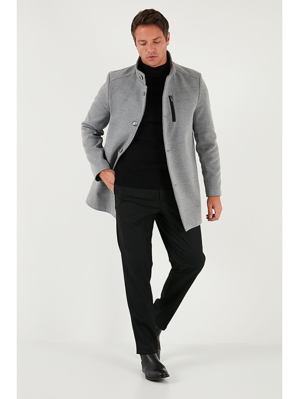 Gri Slim Fit Düğmeli Dik Yaka Kaşe Erkek Kaban 5840099-2