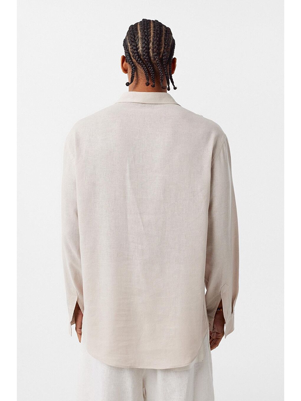 Basic Oversize Uzun Kollu Keten Gömlek Bej-2