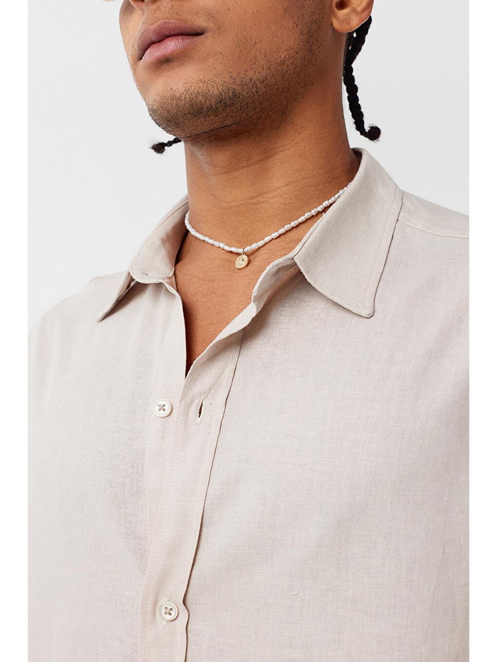 Basic Oversize Uzun Kollu Keten Gömlek Bej-3