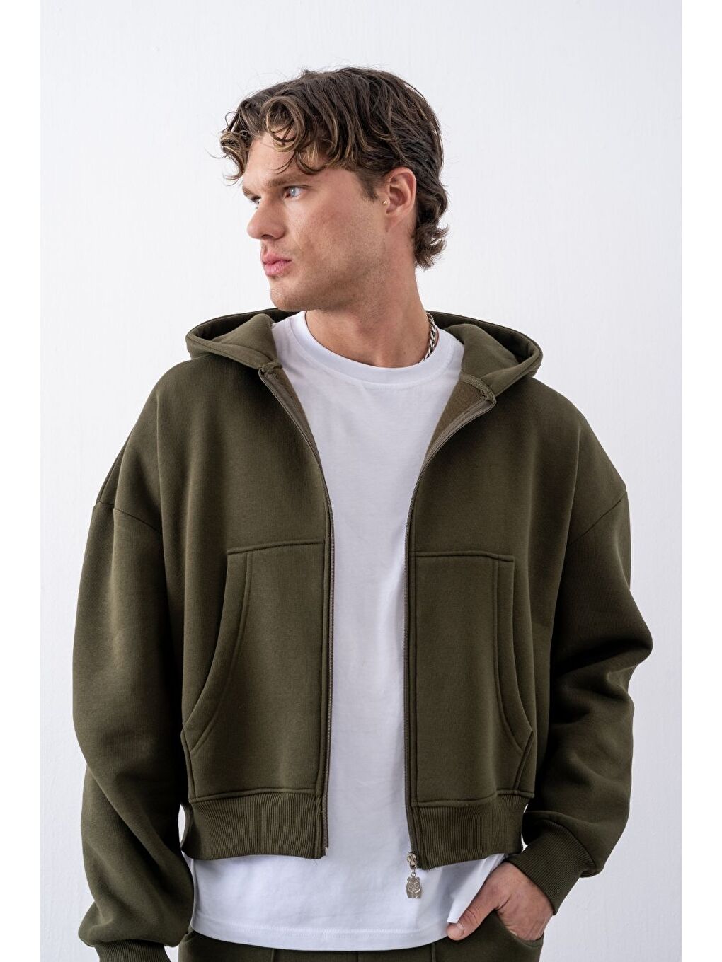 Bej Erkek Boxy Oversize Fermuarlı Chill Haki Sweatshirt