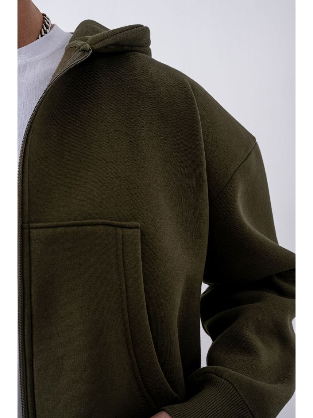 Bej Erkek Boxy Oversize Fermuarlı Chill Haki Sweatshirt-1