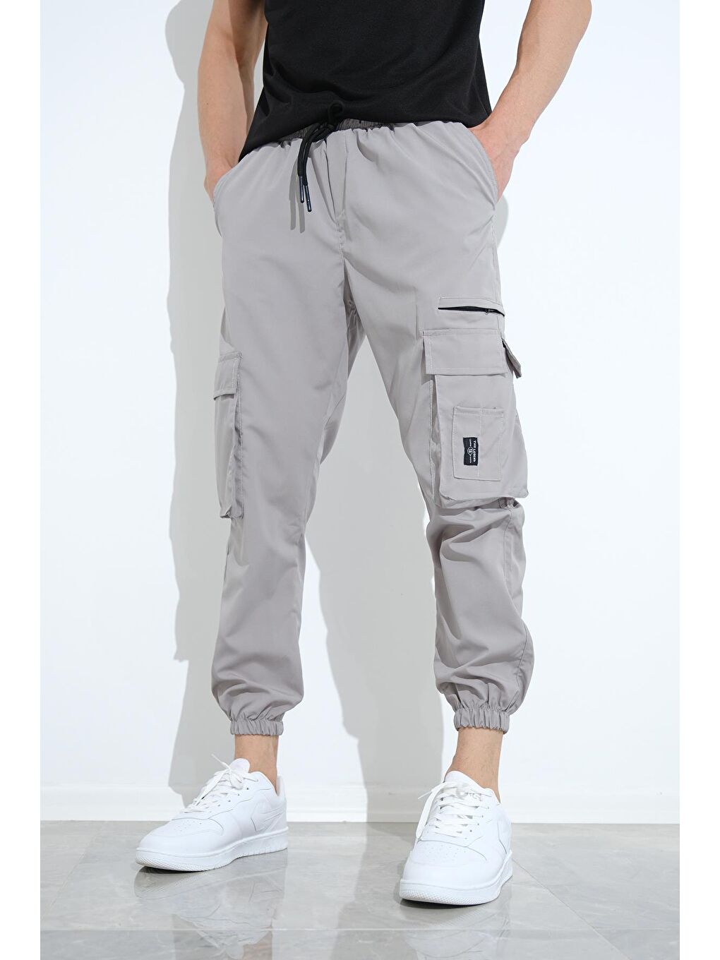 Gri Bl 2135 Kort Paraşüt Düz İpli Paça Avcı Tactical Kargo Cepli Erkek Eşofman Alt