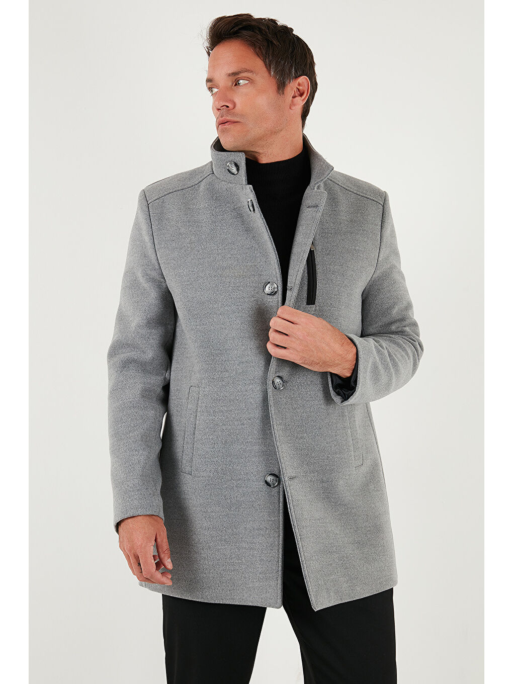 Gri Slim Fit Düğmeli Dik Yaka Kaşe Erkek Kaban 5840099-3