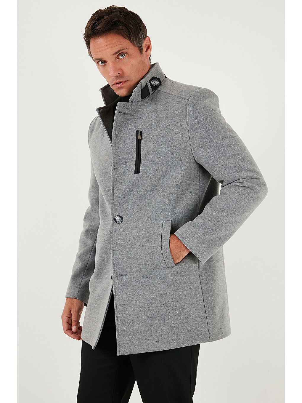 Gri Slim Fit Düğmeli Dik Yaka Kaşe Erkek Kaban 5840099-4
