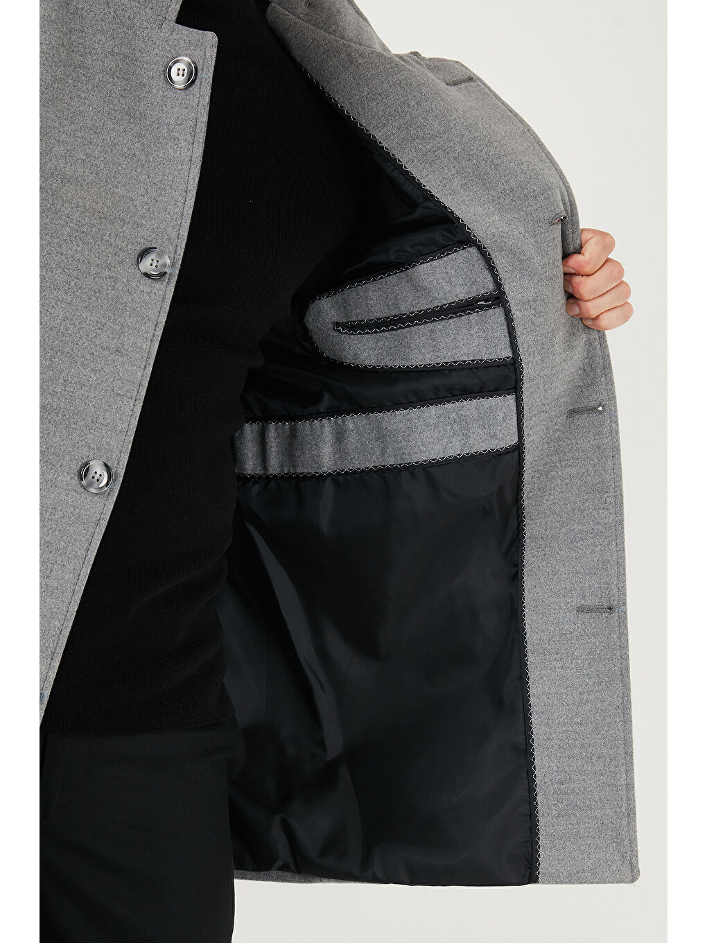 Gri Slim Fit Düğmeli Dik Yaka Kaşe Erkek Kaban 5840099-5