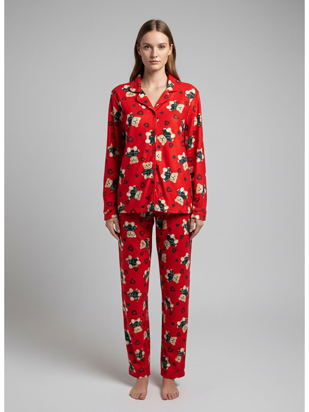 Kırmızı Kalp Ve Ayıcık Baskılı Pijama Takımı Kirmizi - 27947-KIRMIZI