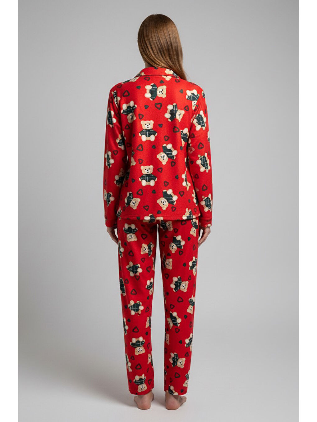 Kırmızı Kalp Ve Ayıcık Baskılı Pijama Takımı Kirmizi - 27947-KIRMIZI-1
