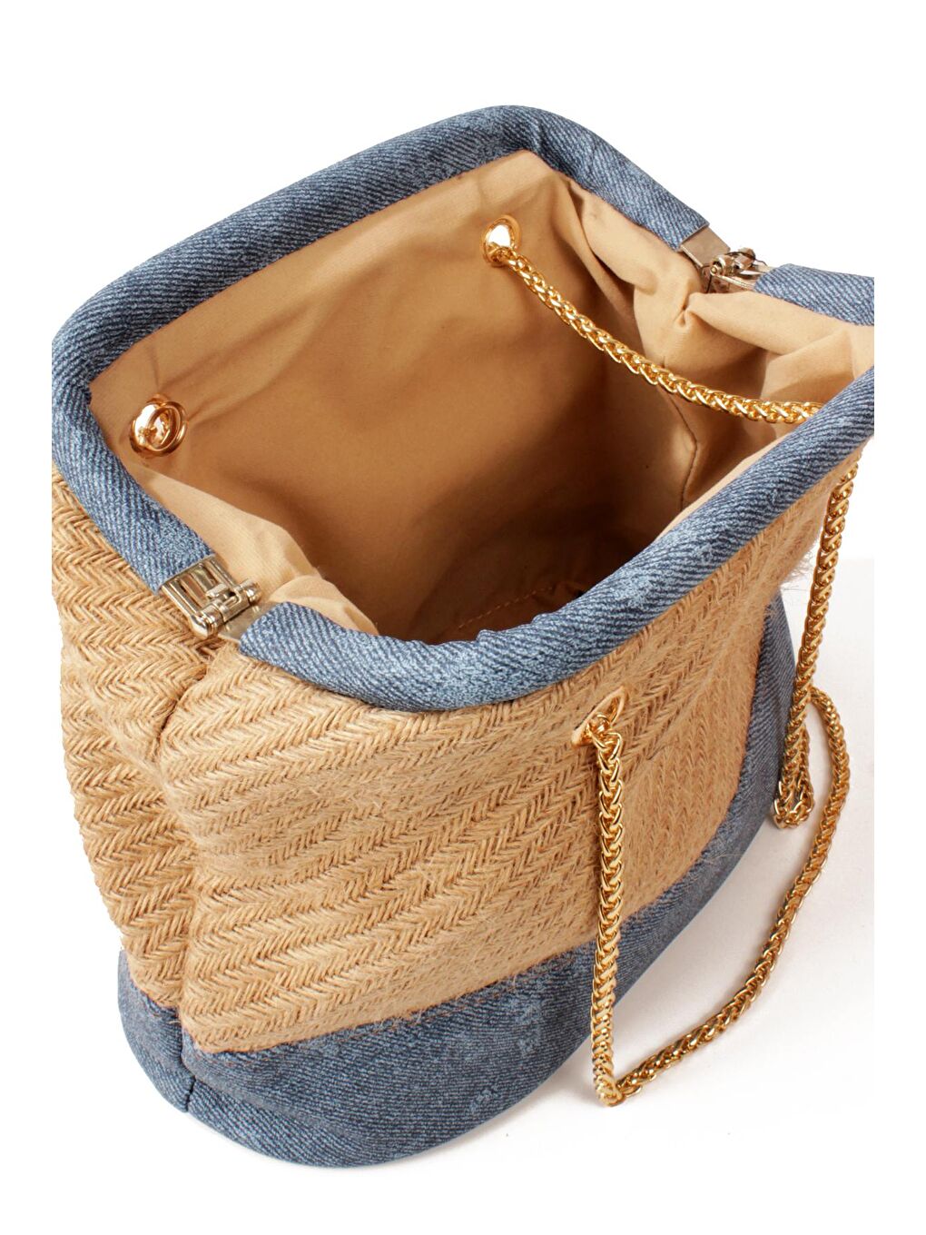 Mavi Kadın Burslu Zincir Askılı Taban Destekli Biyeli Jüt Hasır Otantik El Ve Omuz Çantası (10822)-4
