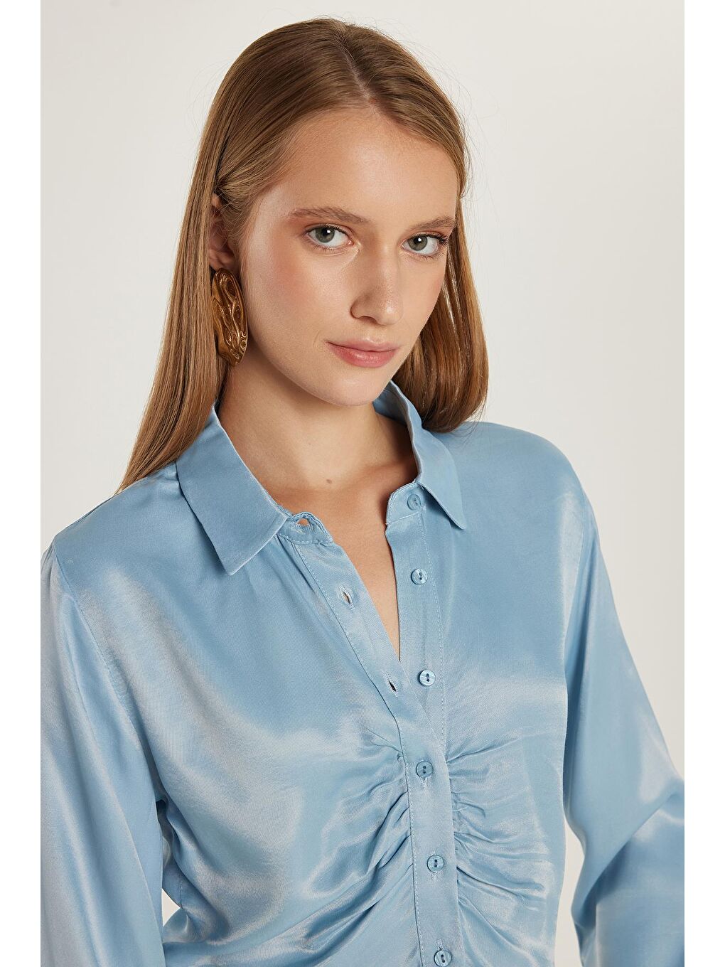 Kadın Slim Fit Dar Kesim Uzun Kollu  Klasik Yaka Mavi Gömlek-1