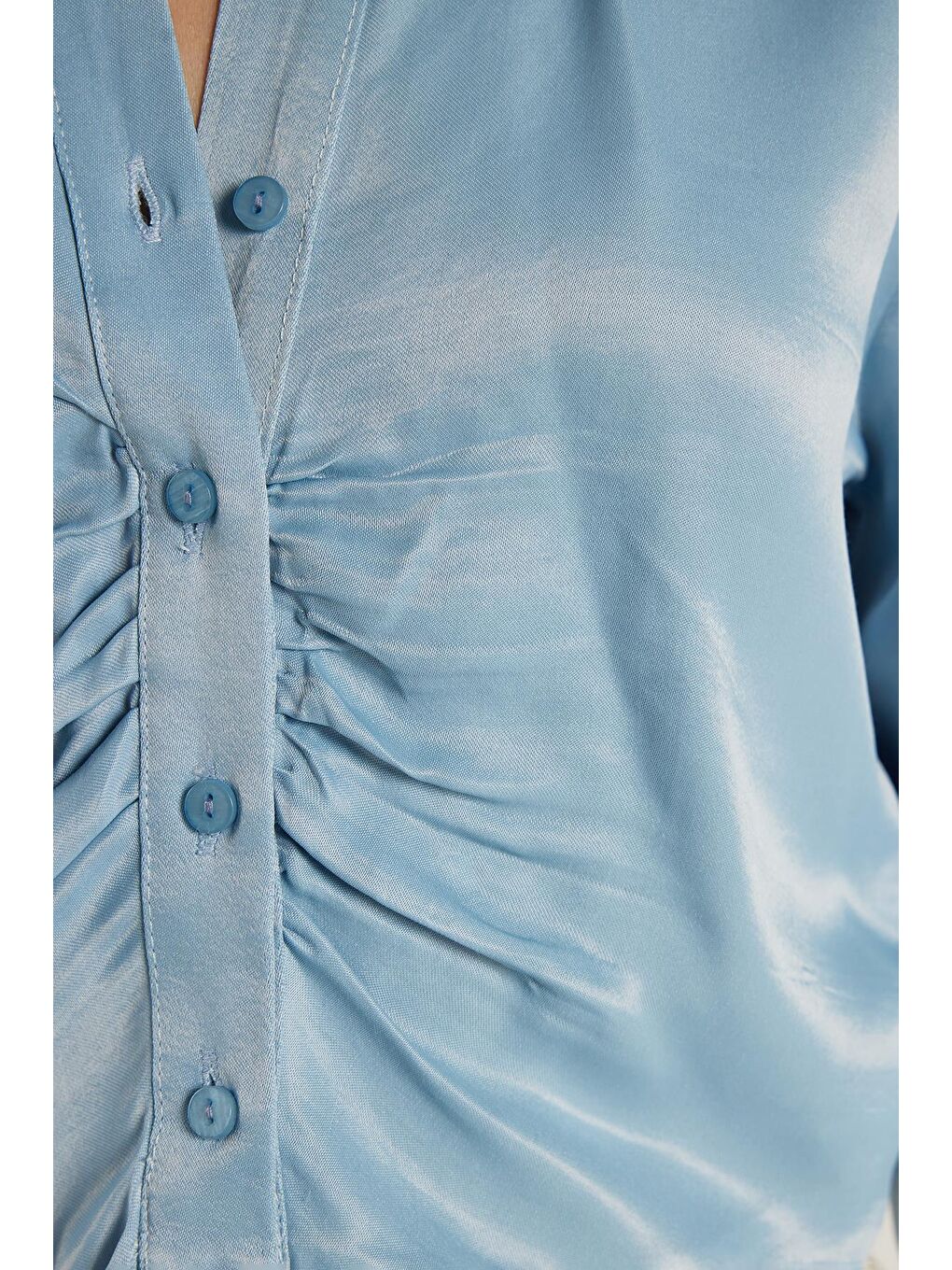 Kadın Slim Fit Dar Kesim Uzun Kollu  Klasik Yaka Mavi Gömlek-2