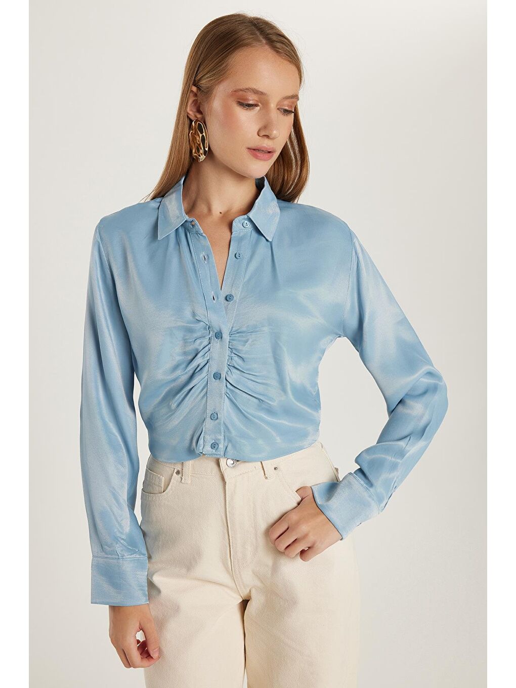 Kadın Slim Fit Dar Kesim Uzun Kollu  Klasik Yaka Mavi Gömlek-3