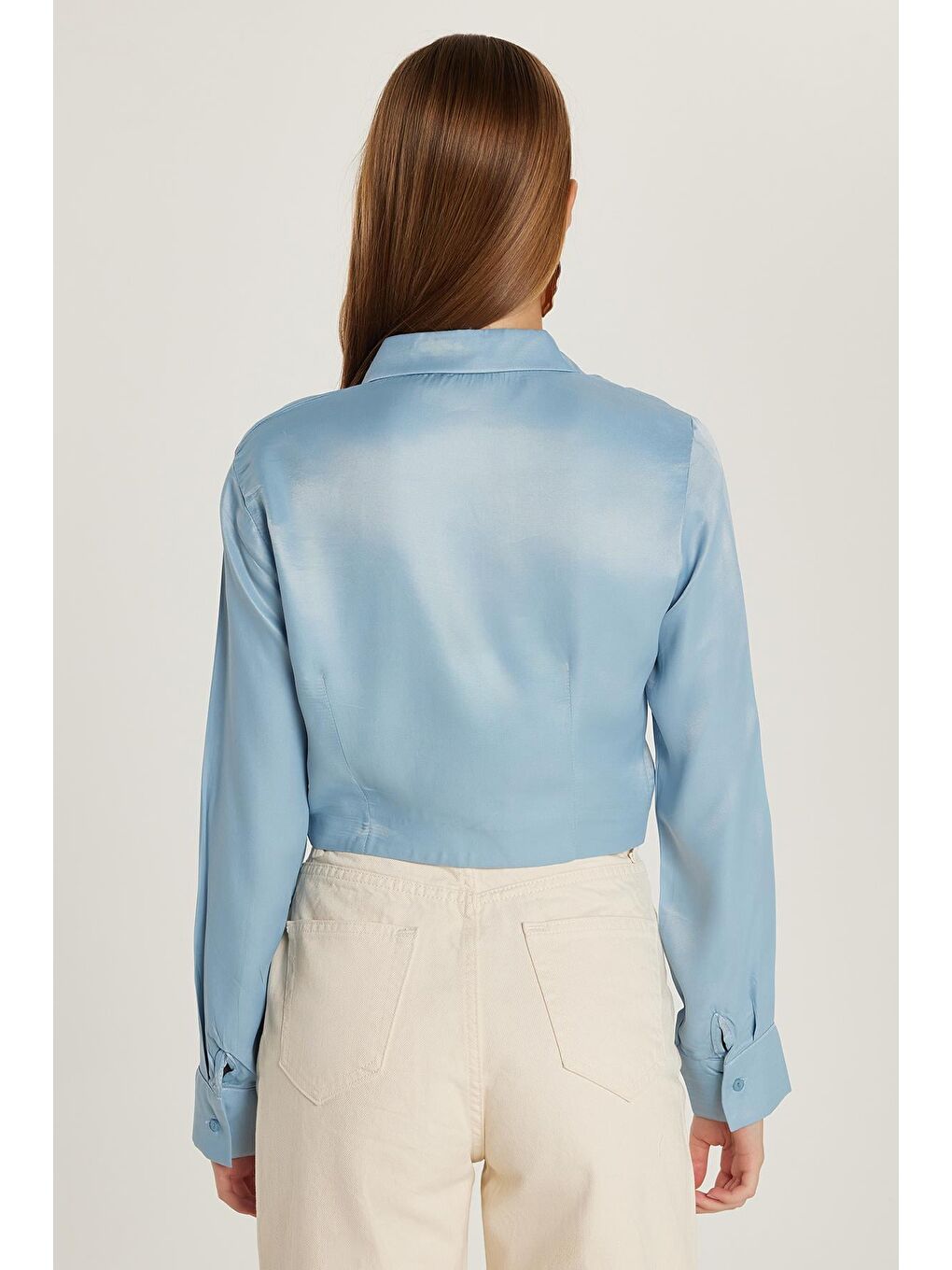 Kadın Slim Fit Dar Kesim Uzun Kollu  Klasik Yaka Mavi Gömlek-4