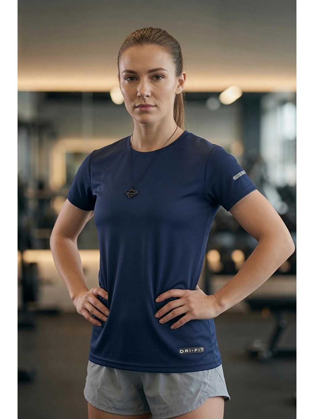 Lacivert Fits Mikro Polyester Slim Fit Performans Antrenman Sporcu Kadın Tshirt-1