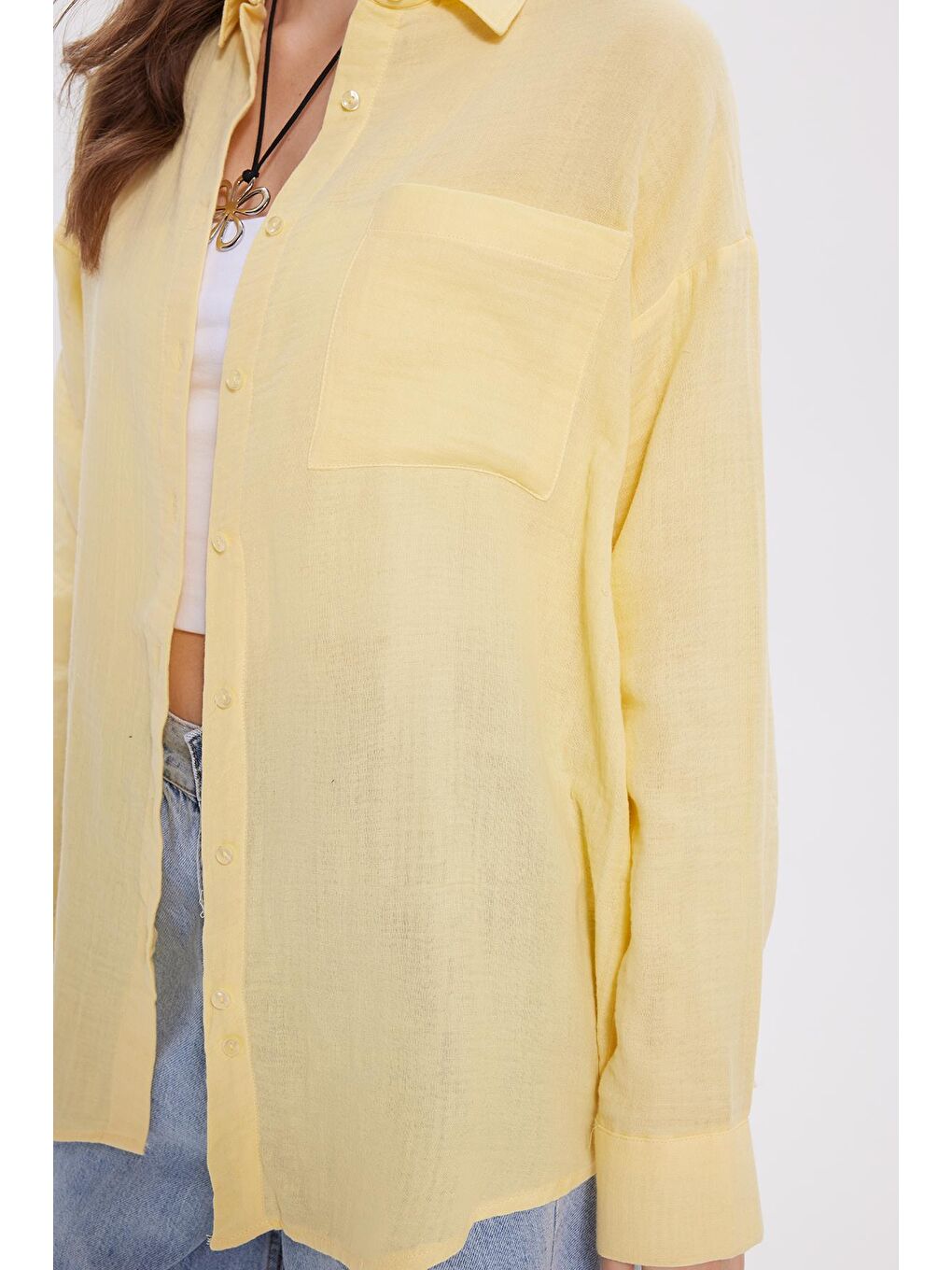 Kadın Oversize Geniş Kesim %100 Pamuk Müslin Kumaş Uzun Kollu Cepli Dokulu Sarı Gömlek-3