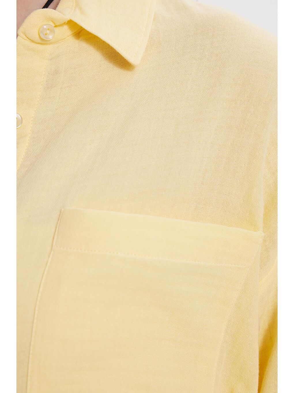 Kadın Oversize Geniş Kesim %100 Pamuk Müslin Kumaş Uzun Kollu Cepli Dokulu Sarı Gömlek-4