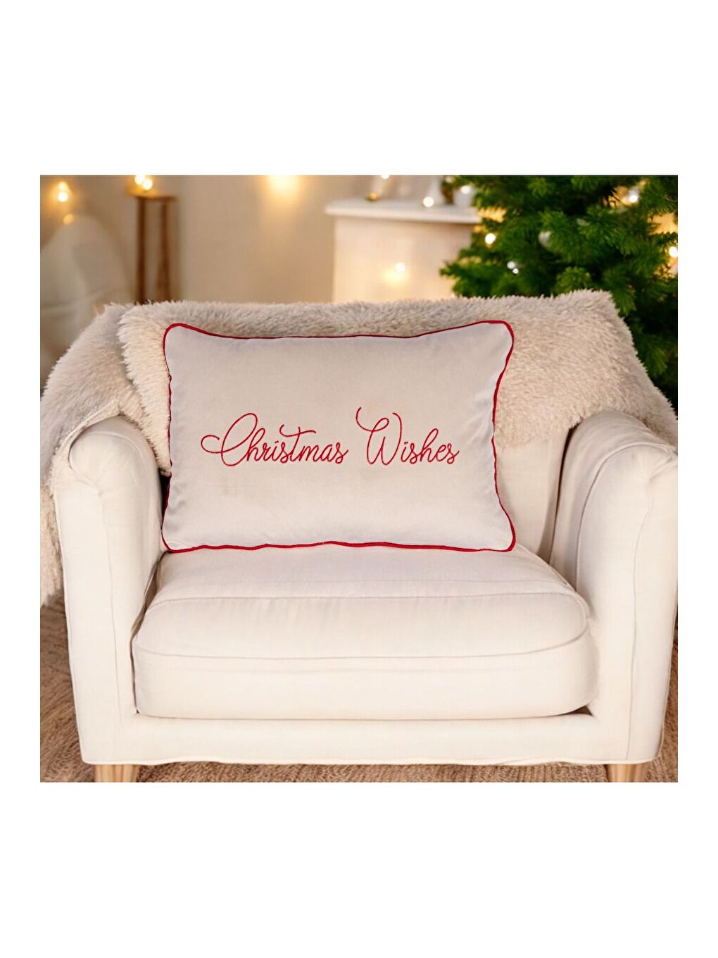 Yılbaşı Kırlent Kılıfı Bej  Zemin Minimal  Chrıstmas Wıshes Nakış Desenli Biyeli 40x60