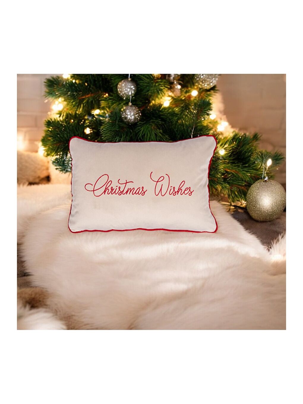 Yılbaşı Kırlent Kılıfı Bej  Zemin Minimal  Chrıstmas Wıshes Nakış Desenli Biyeli 40x60-1
