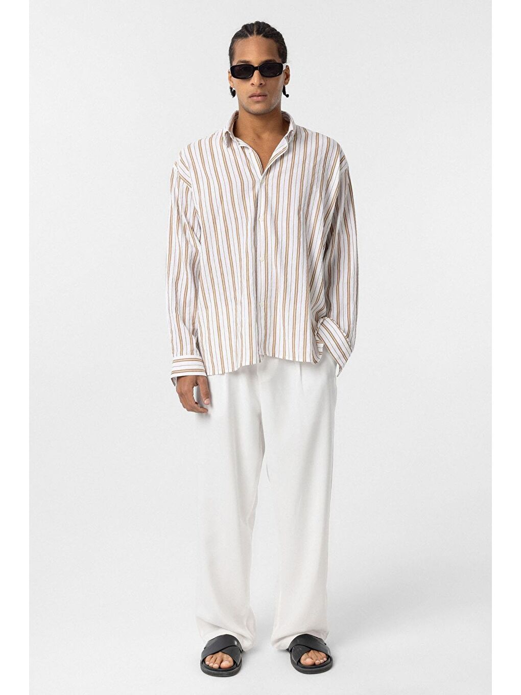 Çizgili Uzun Kollu Oversize Keten Gömlek Bej
