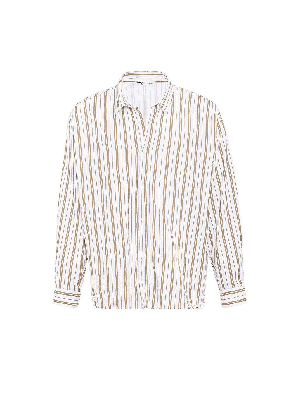 Çizgili Uzun Kollu Oversize Keten Gömlek Bej-1